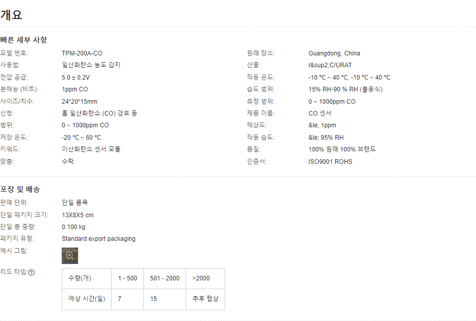 TPM-200A-CO 산업용 Co 센서 안전 가스 감지 일산화탄소 가스 센서 모듈