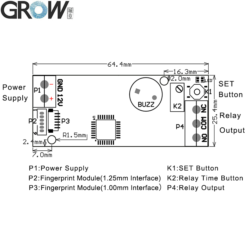 성장 K202 + R502-A DC12V 저전력 소비 액세스 제어 보드 + R502-A 작은 반지 LED 지문 모듈