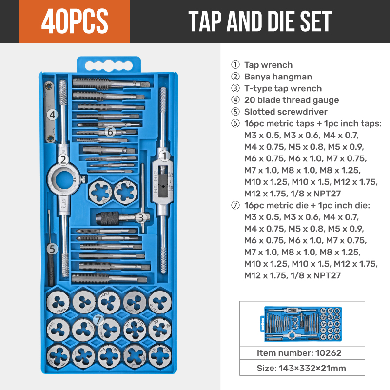 40pc 미터법 M3 - M12 탭 & 다이 스레드 절단, 가정용 DIY, 차고 및 작업장을 위한 태핑 및 핸들 도구 키트 세트