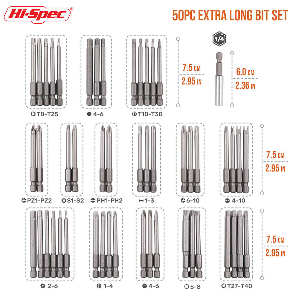 50 PC 여분의 길이 드라이버 비트 세트 정밀 마그네틱 비트 1/4 "육각 생크 수공구