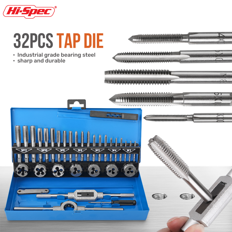 32pc 미터법 M3 - M12 탭 & 다이 스레드 절단, 가정용 DIY, 차고 및 작업장을 위한 태핑 및 핸들 도구 키트 세트