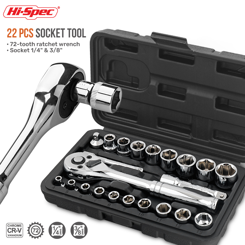 22pc 미터법 4 ~ 17mm 1/4 3/8 인치 드라이브 소켓 도구 키트 래칫 렌치 및 확장 바 도구 세트 상자