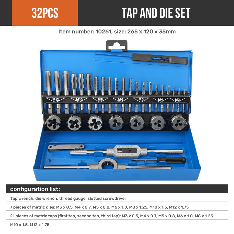 32pc 미터법 M3 - M12 탭 & 다이 스레드 절단, 가정용 DIY, 차고 및 작업장을 위한 태핑 및 핸들 도구 키트 세트