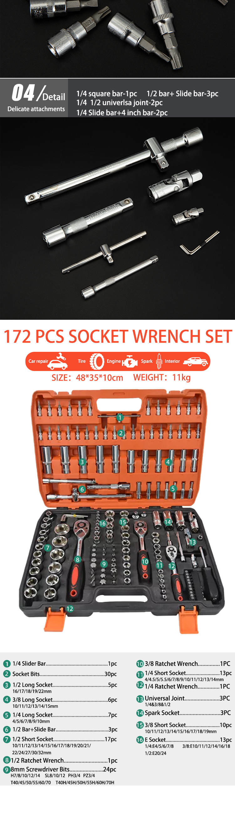 172 Pcs 캐비닛 도구 손 상자 소켓 렌치 케이스 키트 하드웨어 자동 수리 자동차 세트 도구 세트