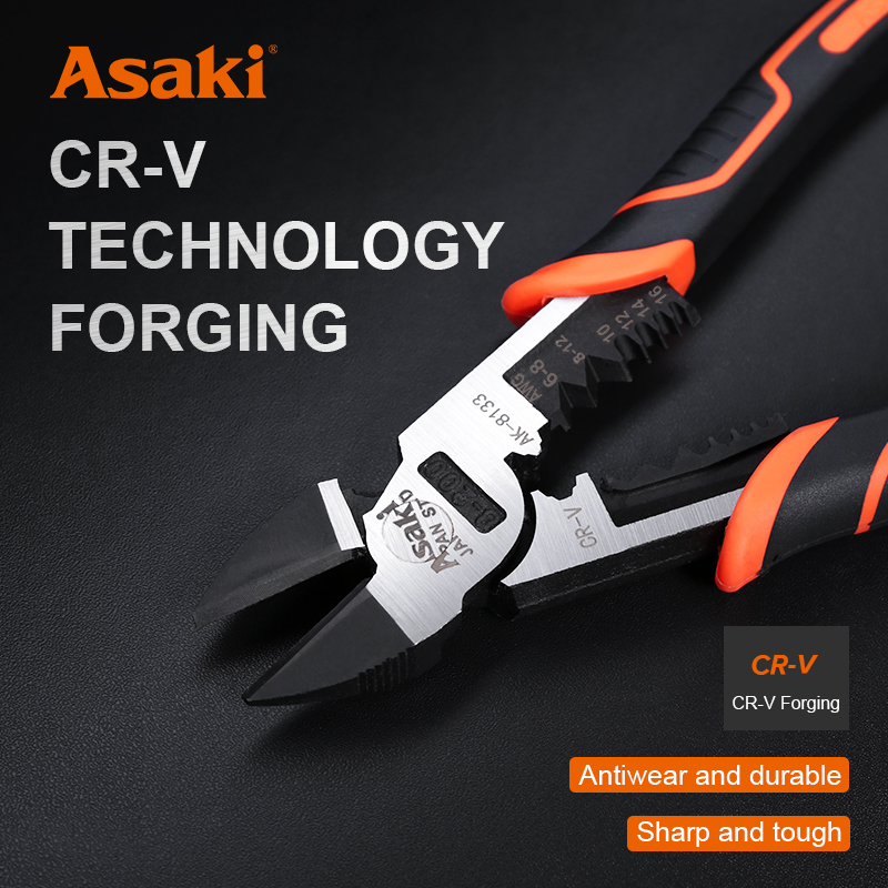 Asaki 8 "200mm CR-V 다기능 대각선 절단 펜치 손 도구 미끄럼 방지 핸들 와이어 압착 스트리핑 커터 손 도구
