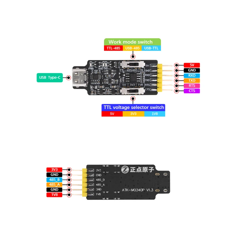 TYPE-C USB-485 직렬 포트 모듈 컨버터 USB-TLL 직렬 포트 TLL-485 직렬 포트 MO340P 1.8V 3.3V 5V [ALIENTEK-19]