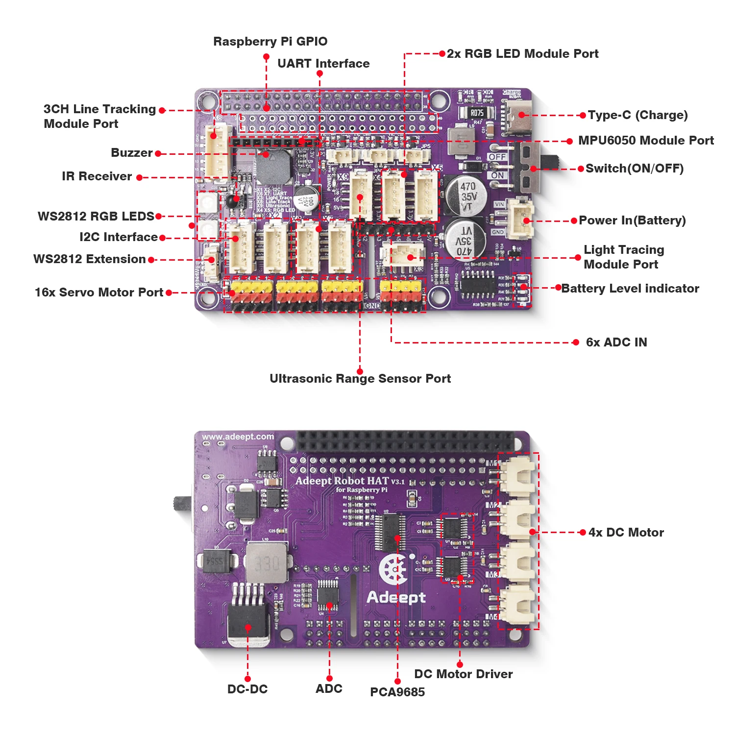 ADM133 라즈베리 파이용 로봇 HAT 확장 보드-Raspberry Pi 5 4B 3B 3B+ 호환 스마트 로봇 카 드라이버 (PDF 튜토리얼 포함) [Adeept-038]
