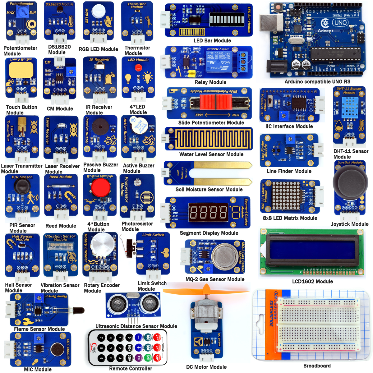 ADA015 PDF 가이드북이 포함된 Arduino UNO R3용 Adept 42 in 1 Ultimate 센서 키트 [Adeept-028]