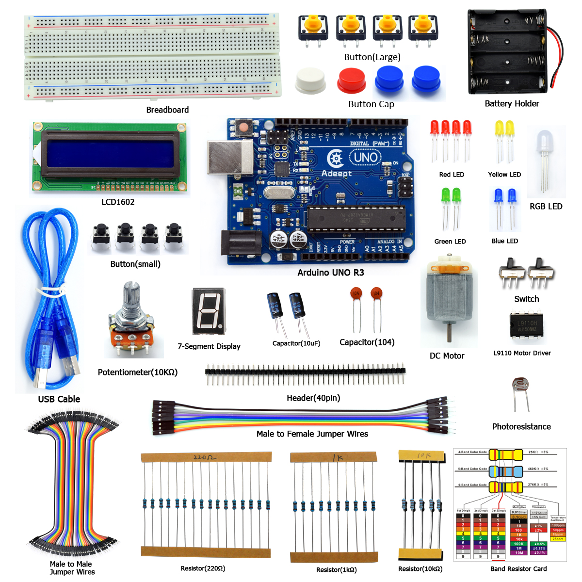 ADA001 가이드북과 C 코드가 포함된 Arduino용 Adept 스타터 키트 Arduino UNO R3 LCD1602 브레드보드 DC 모터 스타터/초급 키트  [Adeept-029]