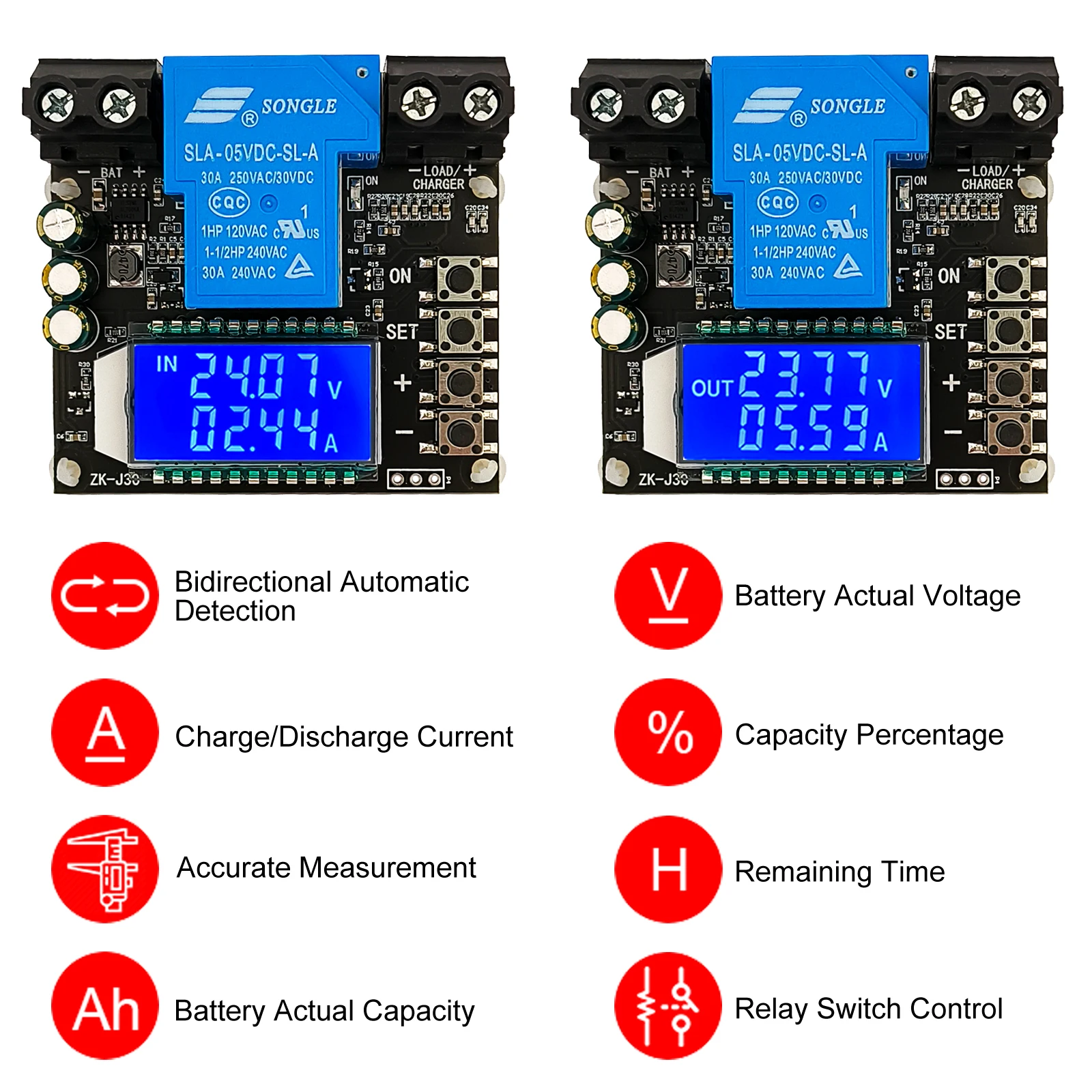 배터리 충전 방전 컨트롤러 저전압 차단 스위치 적산계 배터리 전압 모니터 보호 30A 6V-60V LCD [ZTI45-015]