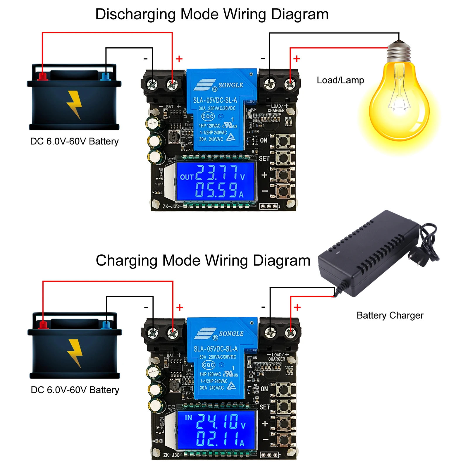 배터리 충전 방전 컨트롤러 저전압 차단 스위치 적산계 배터리 전압 모니터 보호 30A 6V-60V LCD [ZTI45-015]