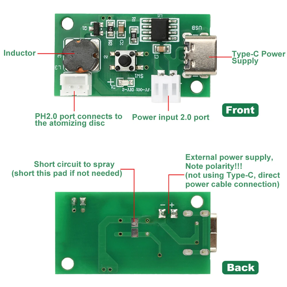 DC4.5-5V 싱글헤드 분무 가습 모듈 초음파 분무 제어판 듀얼 전원 공급 Type-C 인터페이스 [ZTL46-001]
