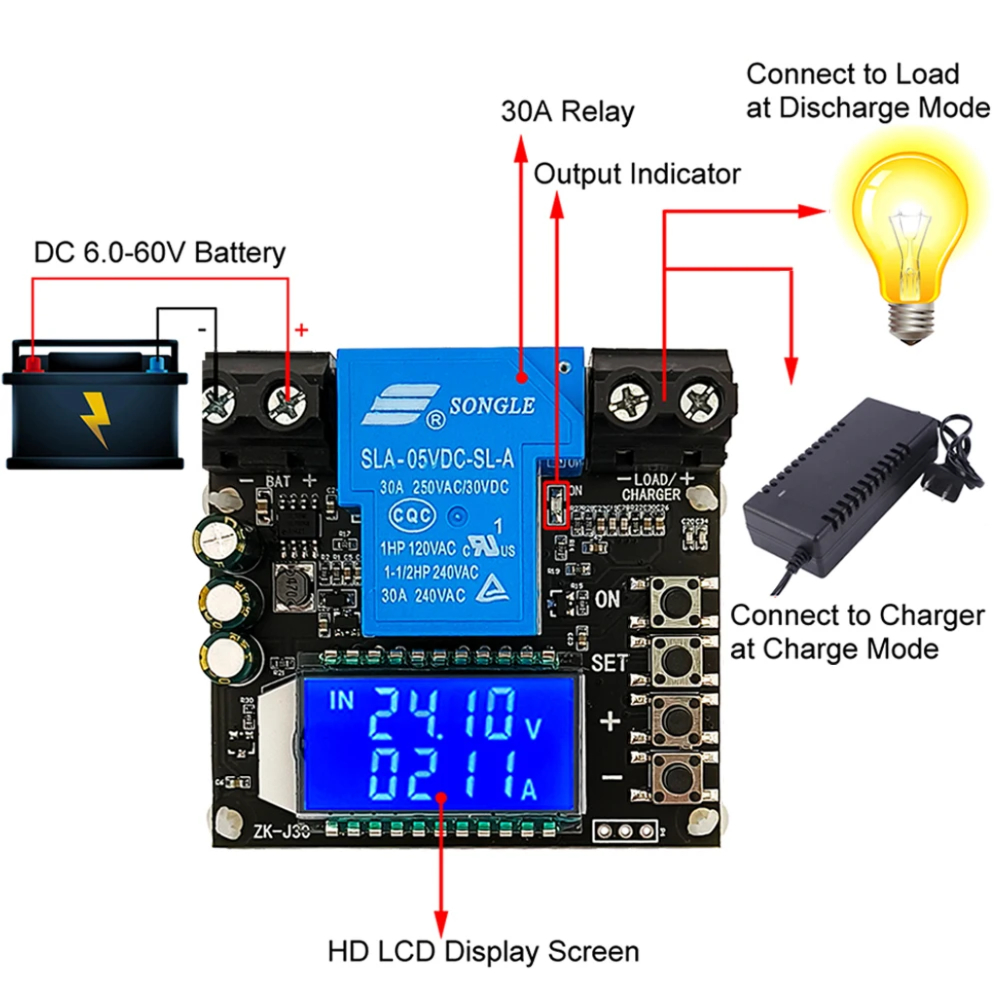 배터리 충전 방전 컨트롤러 저전압 차단 스위치 적산계 배터리 전압 모니터 보호 30A 6V-60V LCD [ZTI45-015]