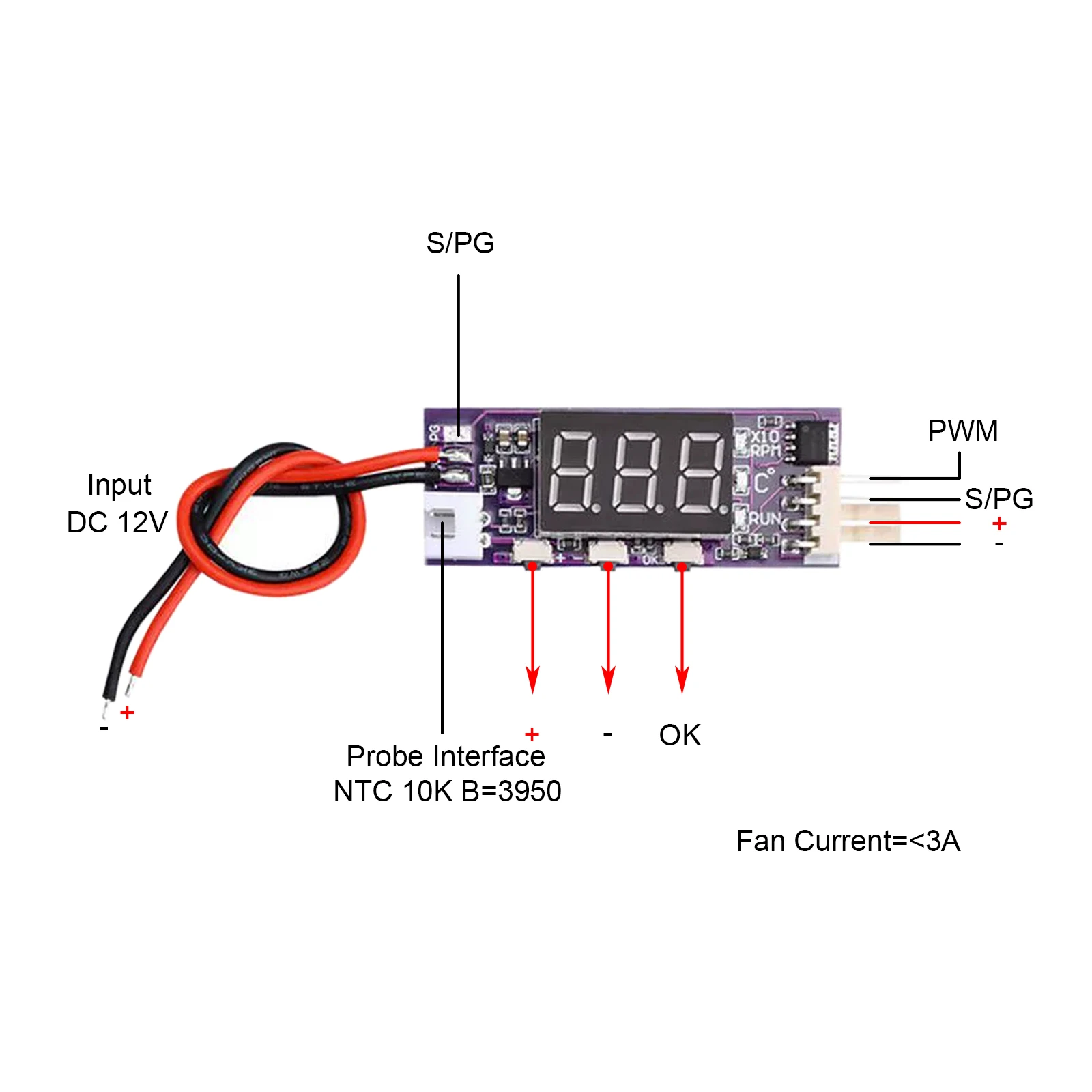 12V 4선 PWM 팬 온도 제어 속도 조절기 3A 온도+RPM 디스플레이 팬 속도 소음 감소 및 정지 기능 [ZTJ68-017]