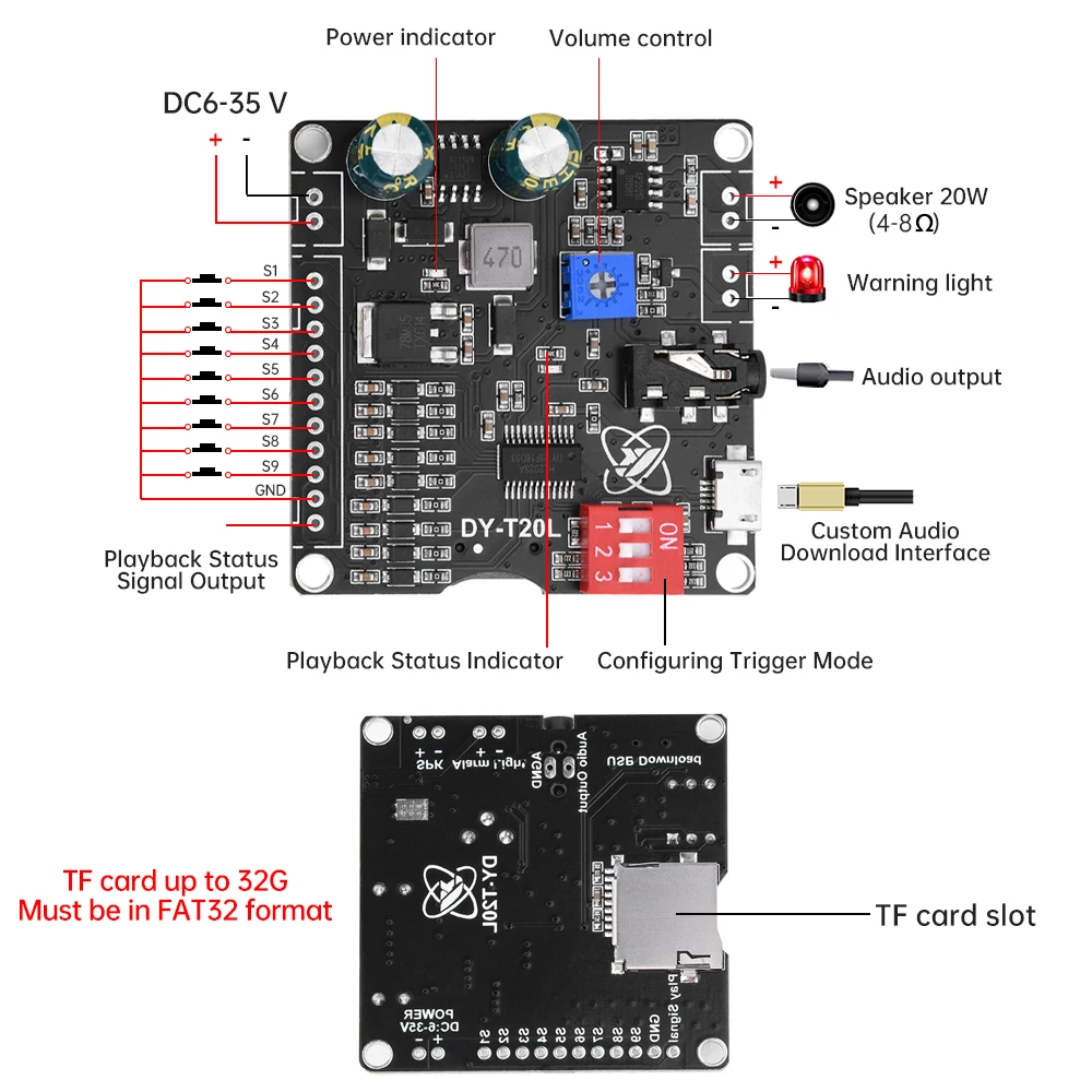DC6-35V 10W 20W 음성 MP3 재생 제어 모듈 트리거 오디오 모듈은 USB 플래시 드라이브 TF 카드를 지원합니다 DY-T20L 마이크로 USB [ZTJ68-019]