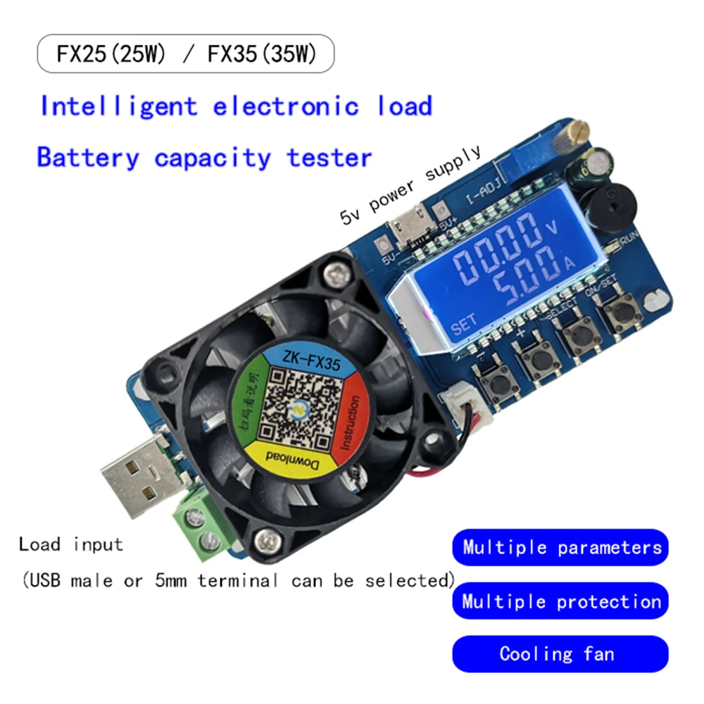 25W35W 디지털 배터리 용량 테스터 (정전류 전자 부하+USB 전원 분석기+가변 저항 기능) FX35 [ZTA179-426]