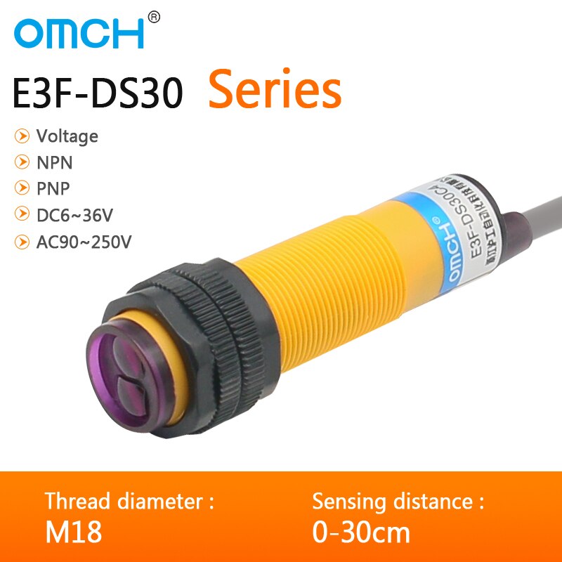 확산 광전 스위치 센서 스위치 DC 4 선식 NPN PNP NO NC 감지 범위 10-30cm 조정 가능 E3F-DS30 M18 [OMCH-29]