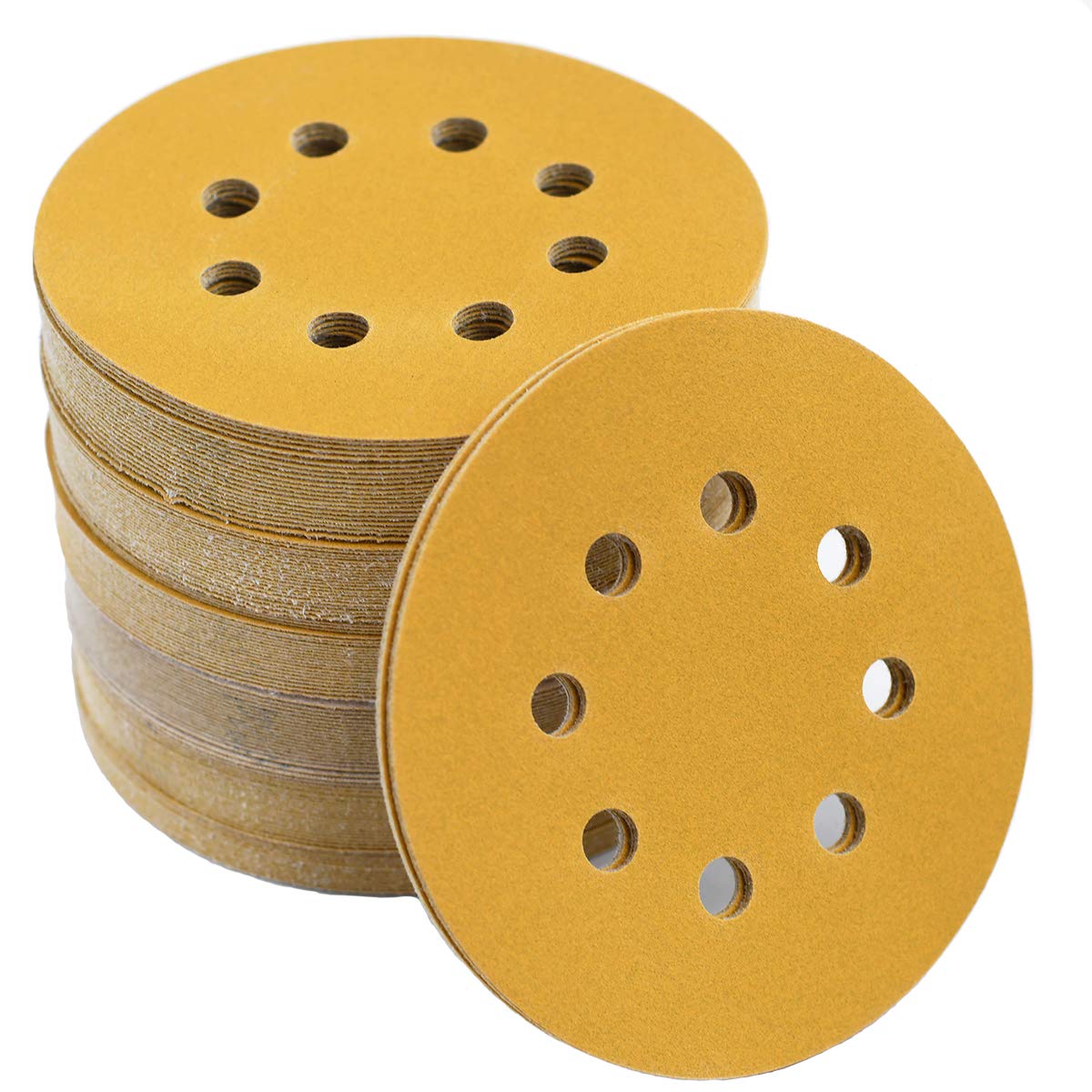 5 인치 125mm 8 홀 샌딩 시트 금 샌딩 디스크 후크 루프 DA 샌더 건식 모래 종이 목공 또는 자동차 용 [OA54-24]