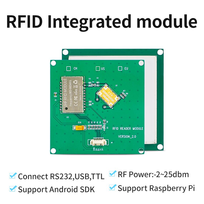 ISO18000-6C UHF RFID 50x50MM 안테나 라스베리 파이 TTL232 3.3V 인터페이스 용 2dbi 안테나가있는 통합 모듈 [FONKAN-10]