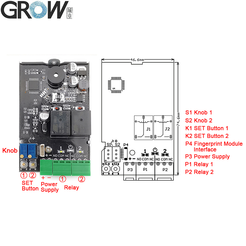 성장 K220+R502AW DC10-24V 두 릴레이 출력 관리자 사용자 액세스 제어 보드 0.5s 60s 열림 [GROW-45]