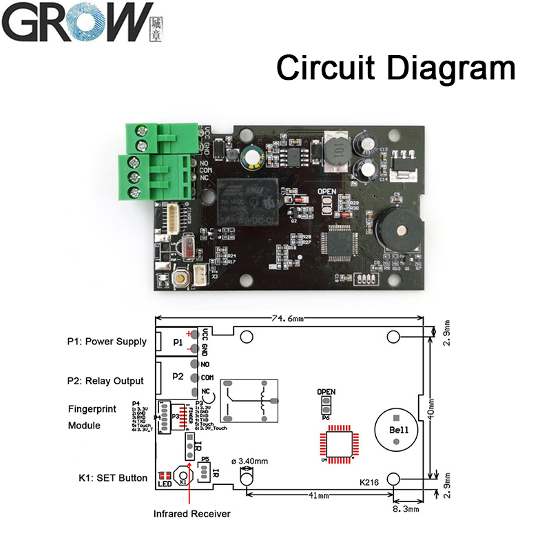 성장 KL216+R502A DC10-30V 릴레이 출력 원격 제어 지문 액세스 제어 보드 조그 모드 점화 모드 자동 잠금 [GROW-49]