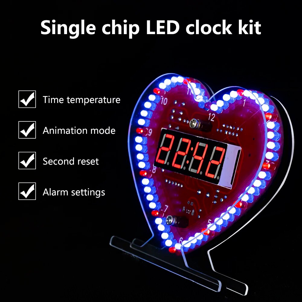 DIY 키트 전자 시계 하트 모양 플래시 LED 러브 크리에이티브 선물 DIY 납땜 키트 초보자용 시간 온도 표시 [DIY-84]