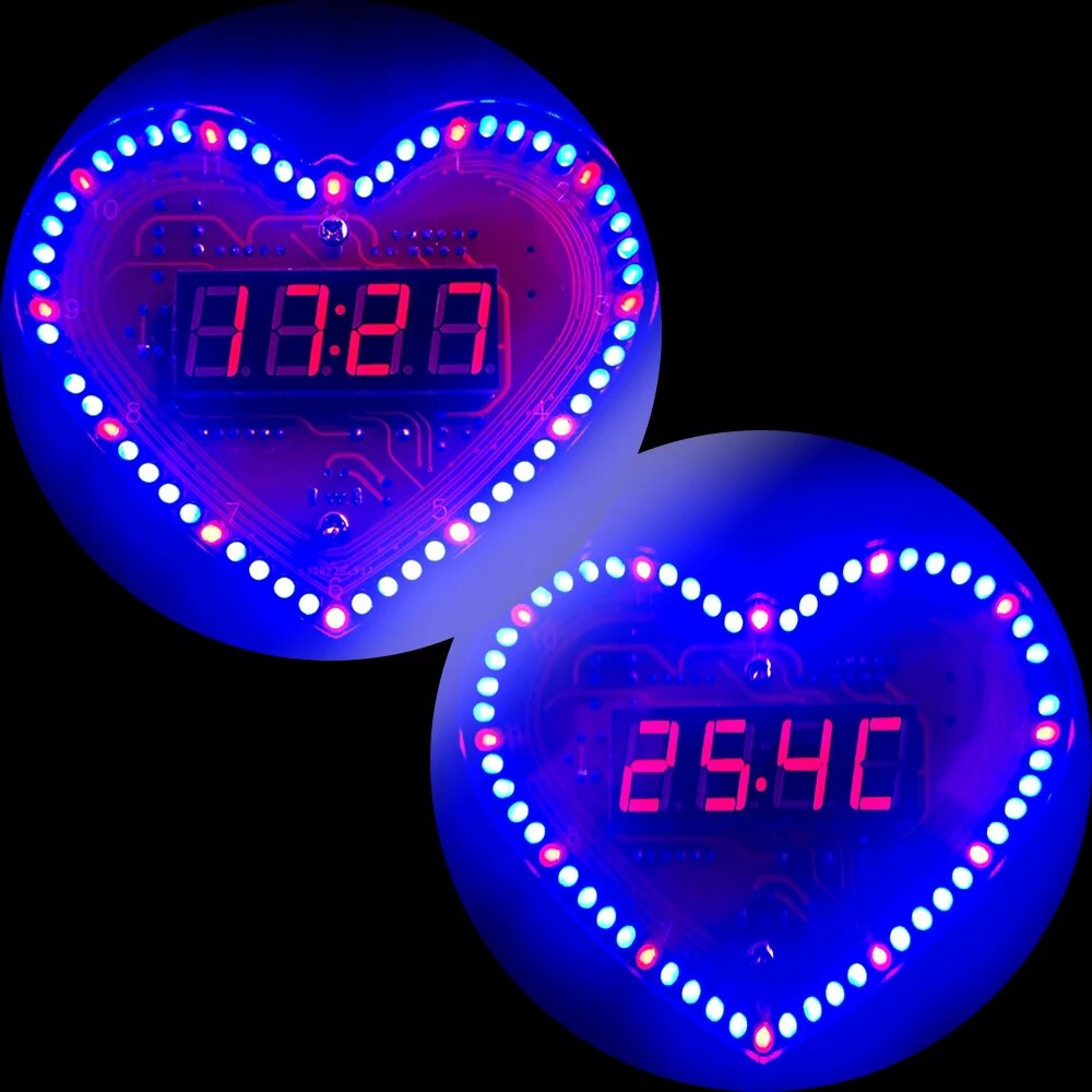 DIY LED 전자 키트 하트 모양 디지털 회전 깜박이 12 애니메이션 시간 온도 표시 납땜 발렌타인 선물 [DIY-176]