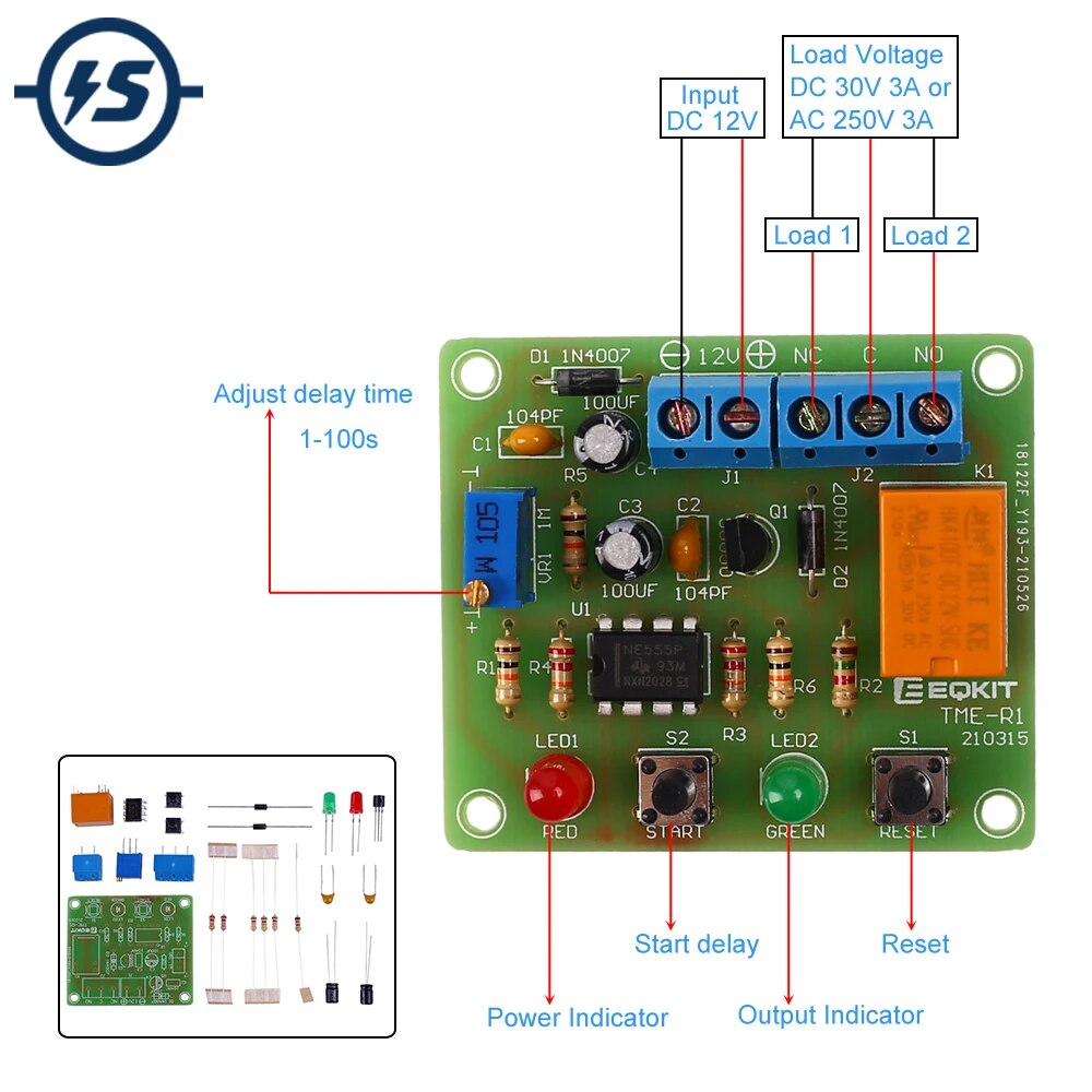 DIY 전자 키트 DC 12V 타이머 릴레이 제어 스위치 100s 지연 납땜 프로젝트 연습 세트 구성 요소 용접 학습 [DIY-199]