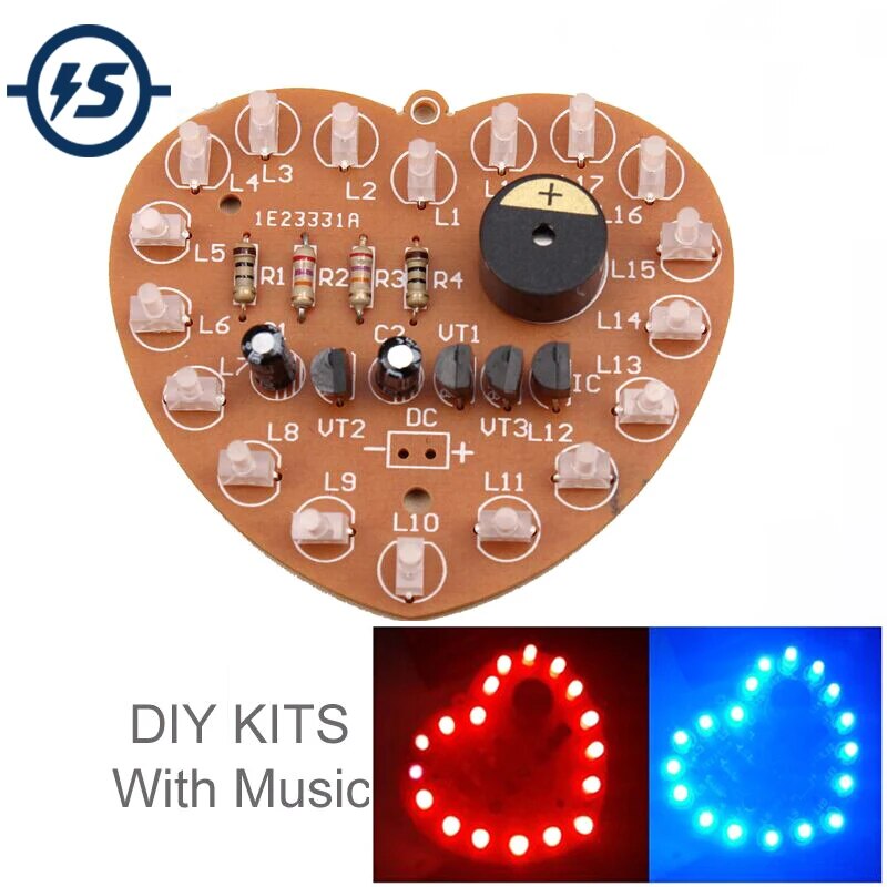 DIY 키트 음악 플래시 라이트 키트 18 led 하트 모양의 레드 블루 듀얼 컬러 깜박이 생일 축하 음악 선물 전자 재미있는 부품 [DIY-220]
