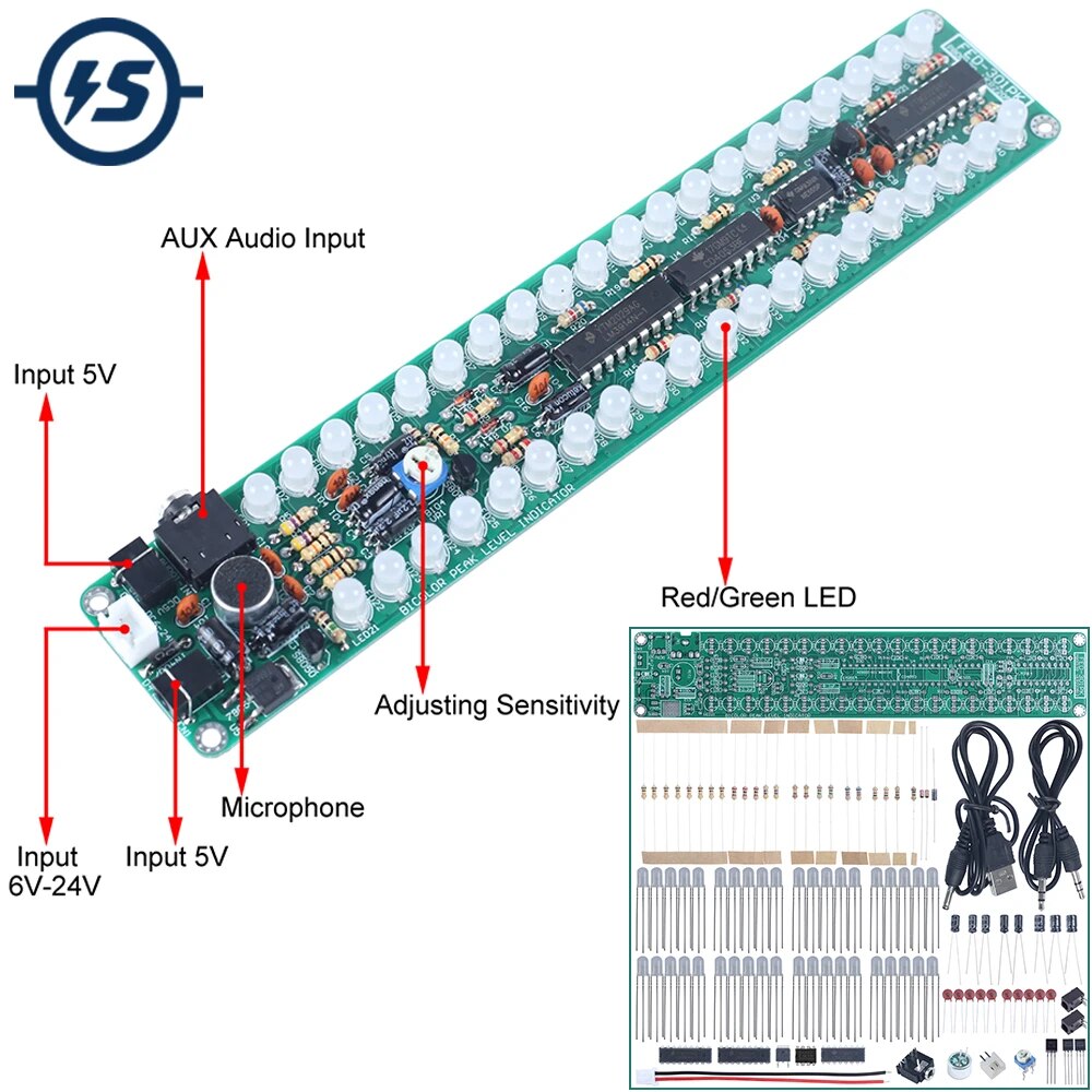 DIY 전자 키트 LED 음악 오디오 스펙트럼 라이트 바 표시기 납땜 연습 모노 듀얼 레드 그린 조정 깜박이 LM3914 [DIY-232]