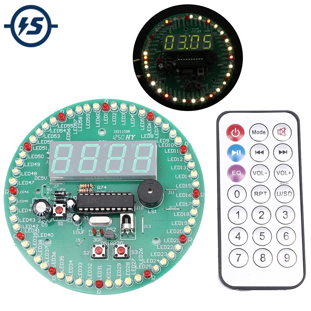 4 디지털 LED 시계 DIY 전자 키트 납땜 연습 DS18B20 LED 깜박이 회전 알람 모듈 원격 제어 구성 요소 납땜 연습 [DIY-235]