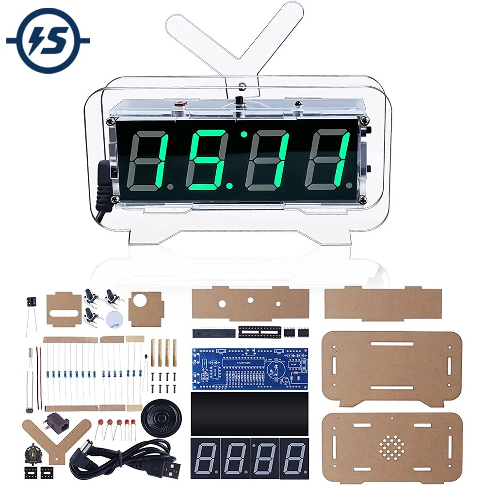 4 디지털 LED 알람 시계 DIY 납땜 프로젝트 연습 키트 시간 날짜 알람 온도 디스플레이 밝기 조광기 USB 충전 [DIY-252]