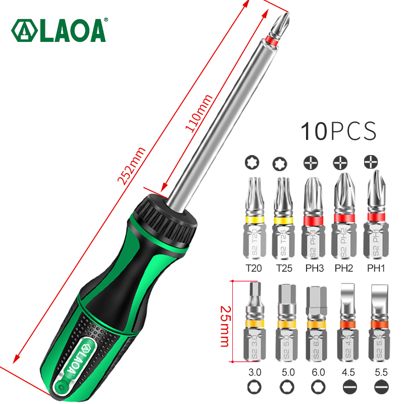 LAOA 10 in 1 래칫 스크루 드라이버 세트 10pcs S2 필립스 슬롯 Torx 육각 스크루 드라이버 비트 48T 20N.m 알루미늄 막대 도구 키트 [LAOA-95]