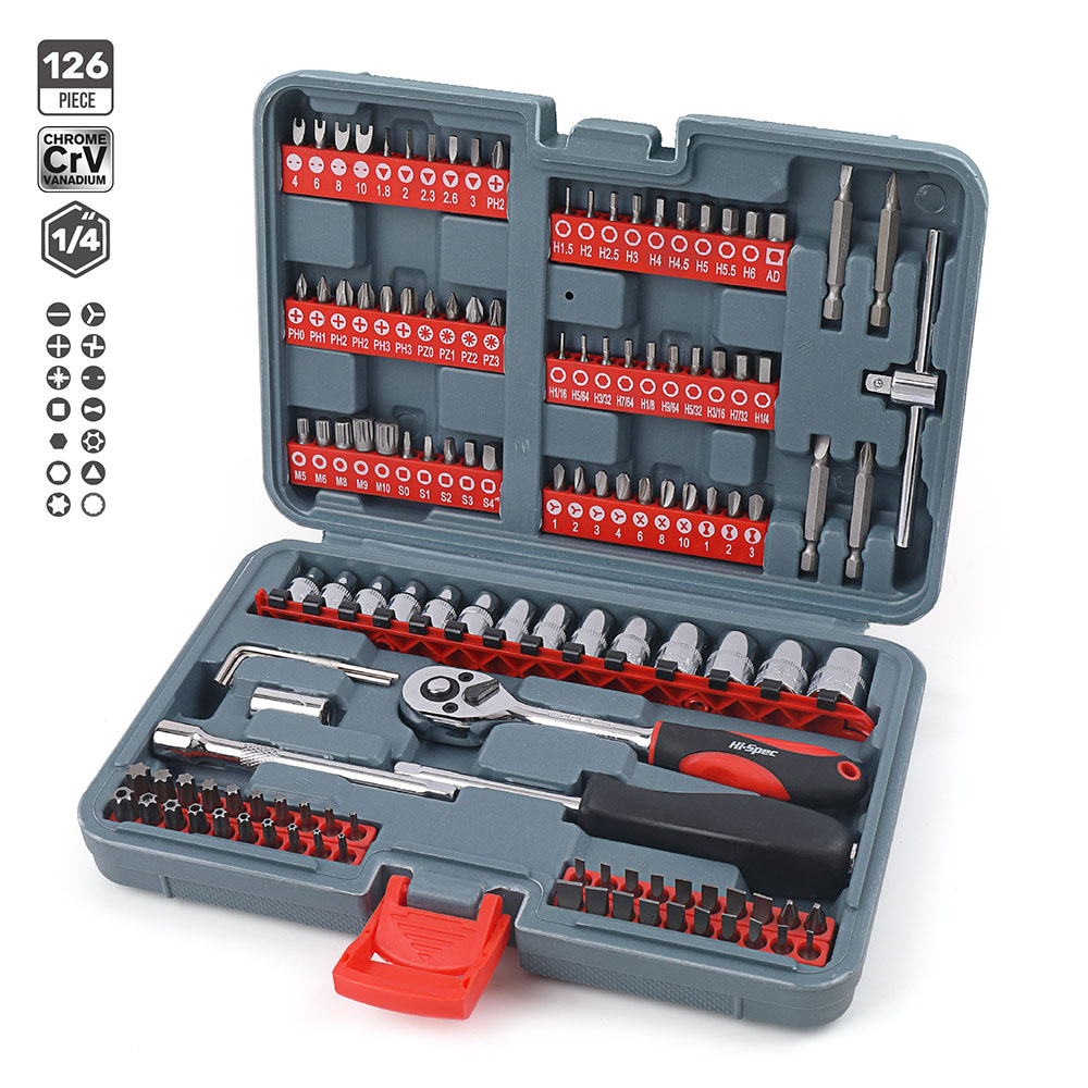 수동 수공구 세트 1/4 인치 소켓 렌치 세트 스크루드라이버 비트 플라스틱 케이스 126PC [Hi-Spec-24]